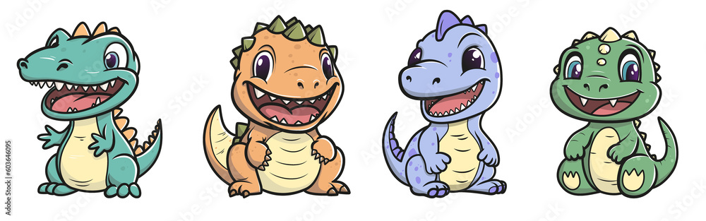 Little cute happy dinos set. Kid dinosaurs for stickers or t-shirts. Illustration on transparent background Little cute happy dinos set. Kid dinosaurs for stickers or t-shirts. Illustration on transparent background