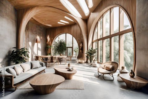Organic interior design of modern living room. Rustic furniture in spacious room with arched windows and high wooden ceiling. Created with generative AI technology.