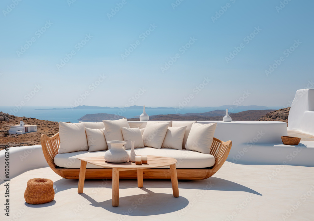 Rustic lounge sofa and coffee table on white stone terrace. Traditional mediterranean architecture. Summer background with sea view. Created with generative Ai