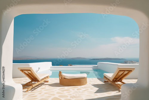 Two deck chairs on terrace with pool with stunning sea view Fototapeta