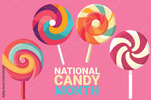 colorful candy lollipops with boldtext isolated on pink background to commemorate national candy month