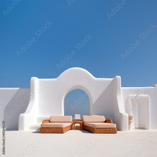 Slika na platnu Two sunbeds on white terrace with arch