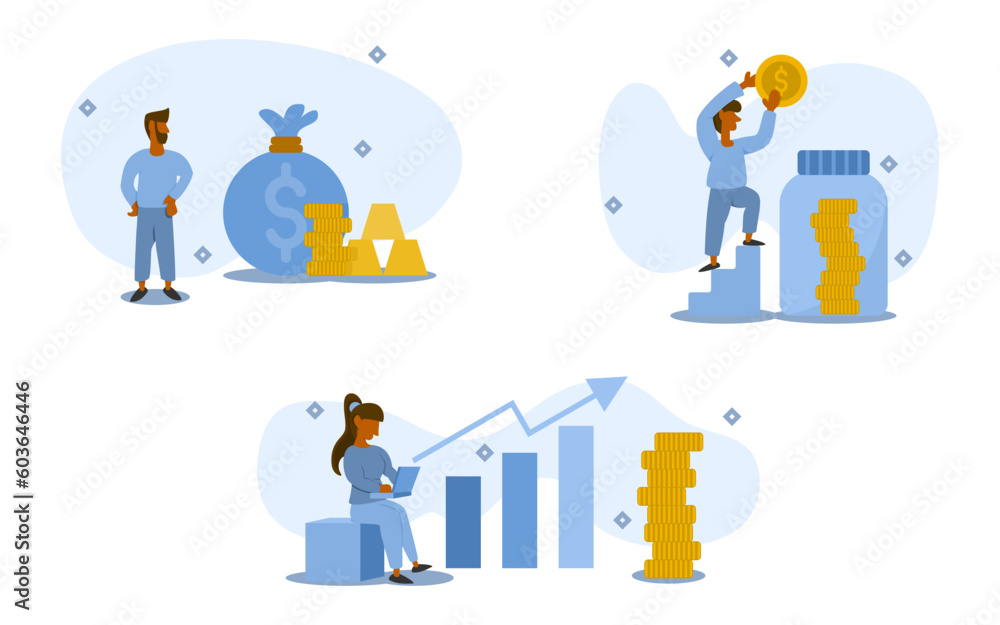 investment illustration set. characters with huge savings, investment analysis and profitability, and profit savings with money growth. money increasing concept. vector illustration.