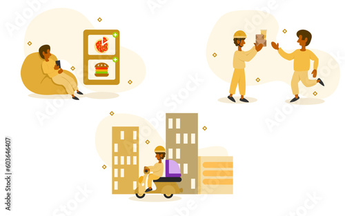 food delivery illustration set. character ordering online food. driving to deliver food to customer. bring meal to customer who order. application delivery concept. vector illustration.