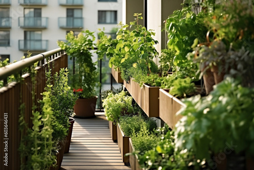 A cozy balcony garden in the city Generative AI
