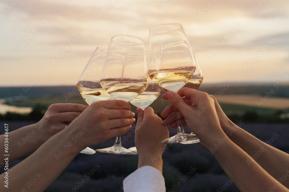 A group of people clinking with wine glasses in front of a lavender field and amazing summer sunset.