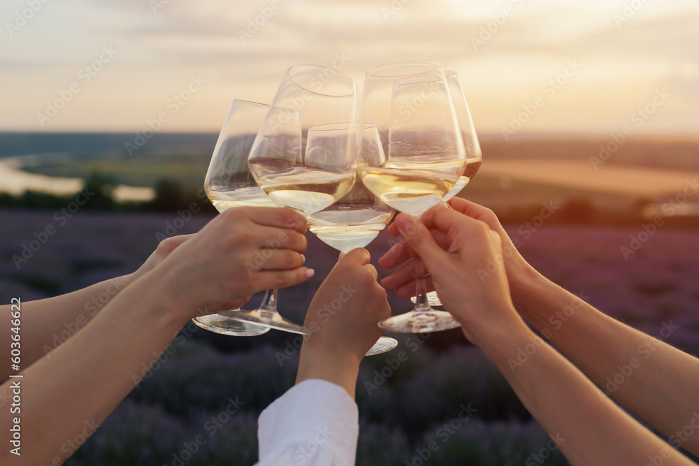 A group of girlfriends raise a toast with glasses of white wine on a sunset. Close shot.