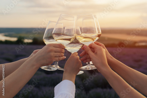 Obraz na płótnie A group of girlfriends raise a toast with glasses of white wine on a sunset. Close shot.
w salonie