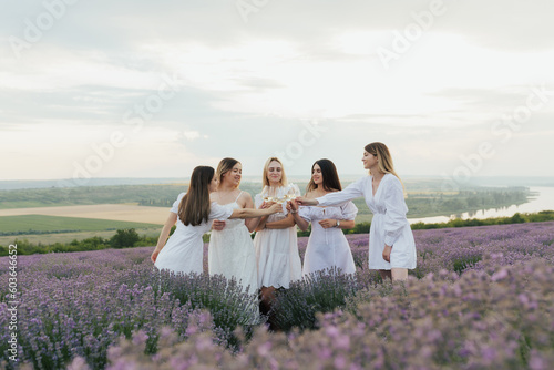Obraz na płótnie Group of girl friends with wine glasses chilling on picnic at summer day. Copy space.
w salonie