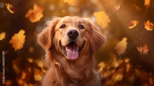 Golden retriever on a dark background with forest leaves, majestic portrait - Generative AI