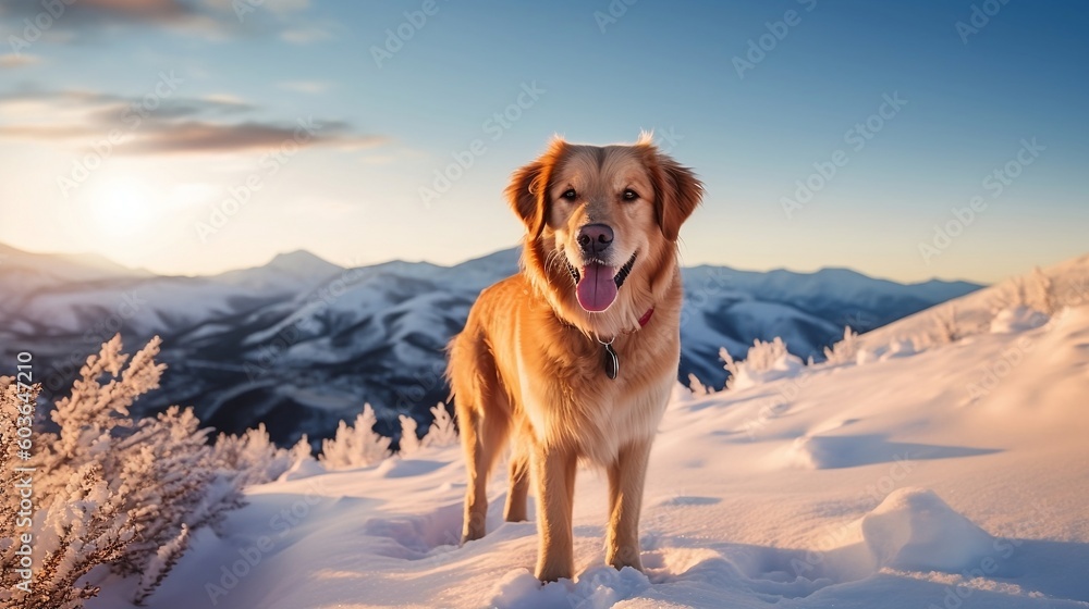 Golden retriever in the mountains with snow, majestic portrait - Generative AI