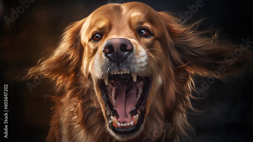 Angry golden retriever on a dark background, agressive and majestic portrait - Generative AI