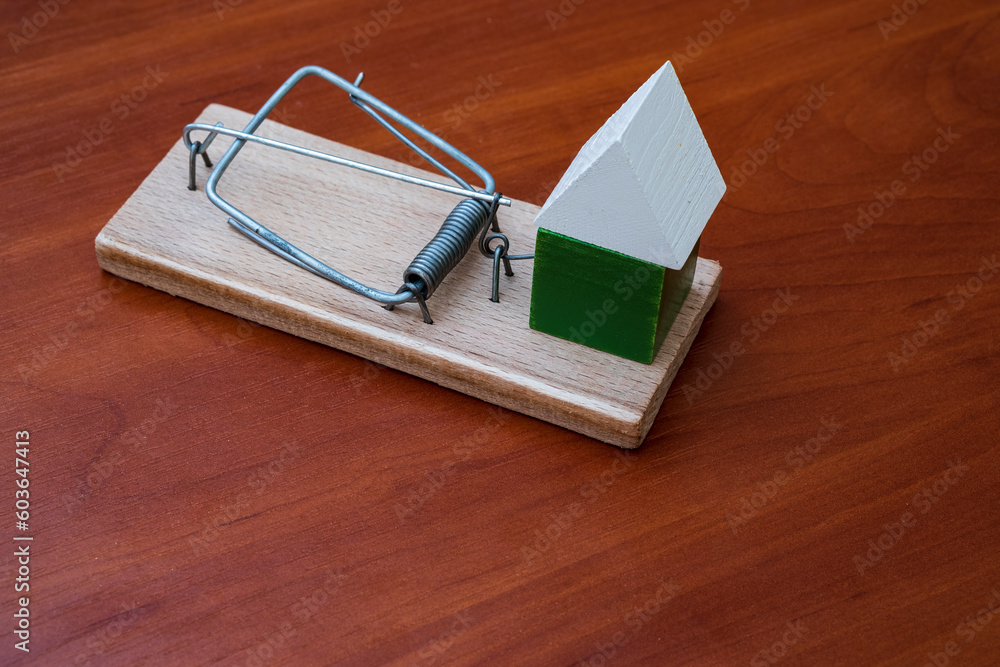The house stands on a large mousetrap, attracting investors and homeowners. mortgage trap The house stands on a large mousetrap, attracting investors and homeowners. mortgage trap