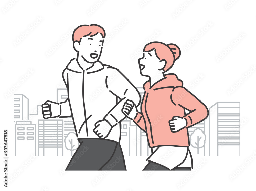 街中をランニングをする男女のカップルのベクターイラスト素材/運動/ジョギング 街中をランニングをする男女のカップルのベクターイラスト素材/運動/ジョギング