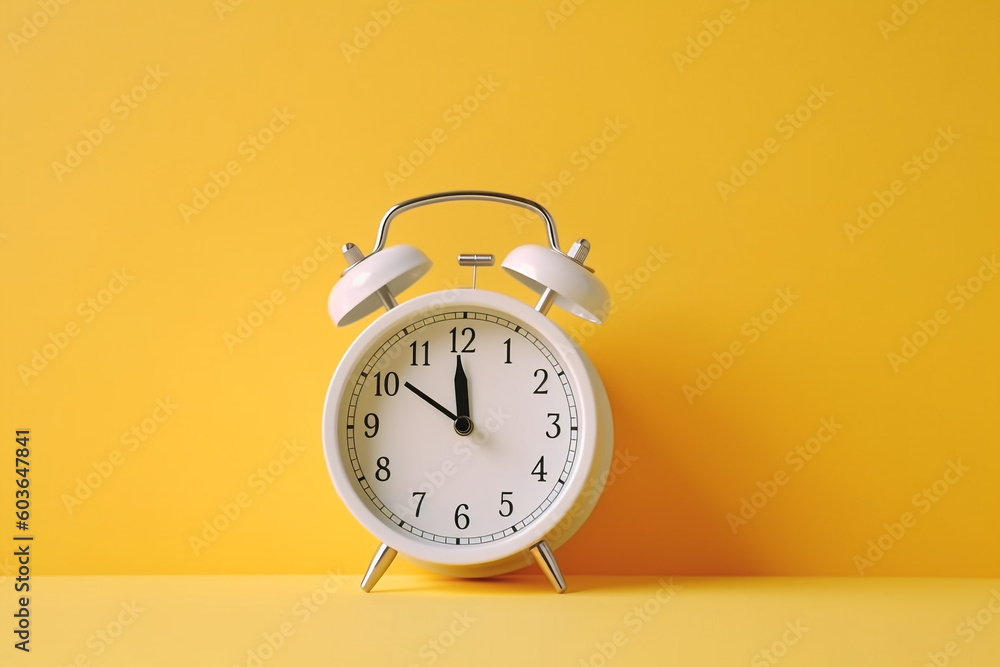 Reloj despertador blanco pequeño sobre fondo cálido. Generative ai. Reloj despertador blanco pequeño sobre fondo cálido. Generative ai.