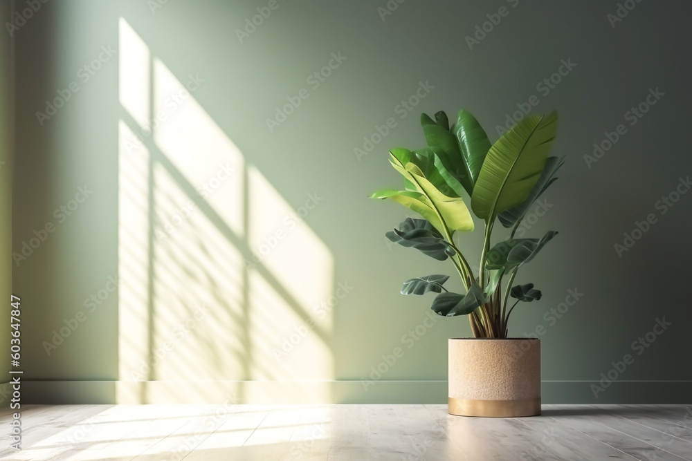 Pared de casa con planta de hojas grandes recibiendo la luz del sol a través de la ventana. Copyspace. 