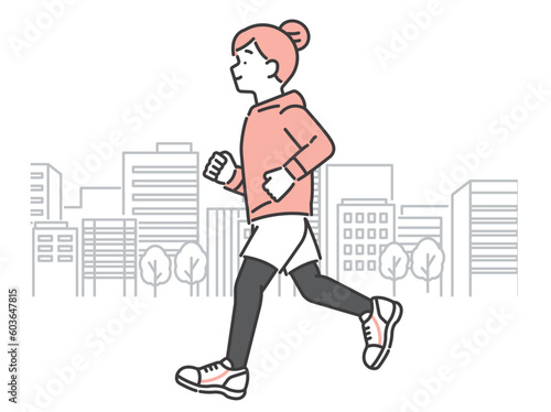 街中でランニングをする女性のベクターイラスト素材／運動／ジョギング