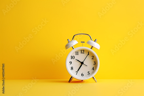 Reloj despertador blanco pequeño sobre fondo cálido. Generative ai.