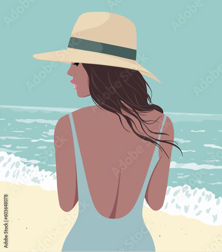 "Hello, Summer!" fashion poster, card, or illustration showcasing a beautiful young woman in a summer dress and hat, standing on the sandy beach by the water's edge. Embrace the spirit of summer with 