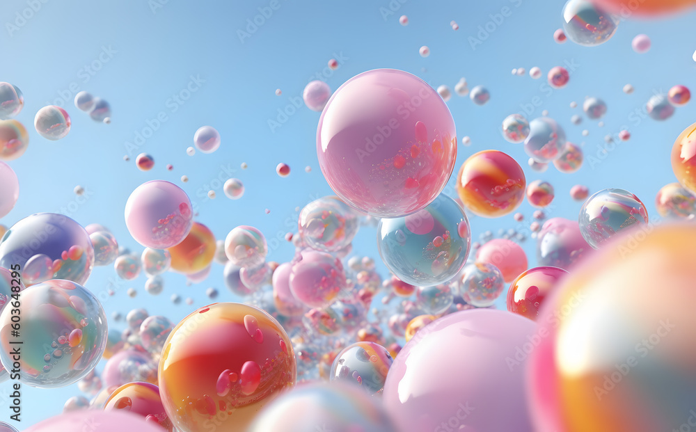 Energetic Summer Abstractions: Reflective Spheres with colorful Pink, Blue, and Yellow Hues. Air bubles against clear, blue sky. Fresh and Lively 3d render like Energetic Summer Abstractions: Reflective Spheres with colorful Pink, Blue, and Yellow Hues. Air bubles against clear, blue sky. Fresh and Lively 3d render like