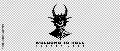 Vector black logo on a transparent background. Scary awesome portrait of horned satan and inscription welcome to hell.