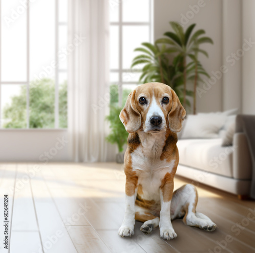 Adorable beagle dog sitting on the floor on cozy and light interior background. Domestic Pet