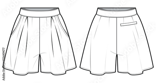 Flared Short Front and Back View. Fashion Illustration, Vector, CAD, Technical Drawing, Flat Drawing, Template, Mockup.
