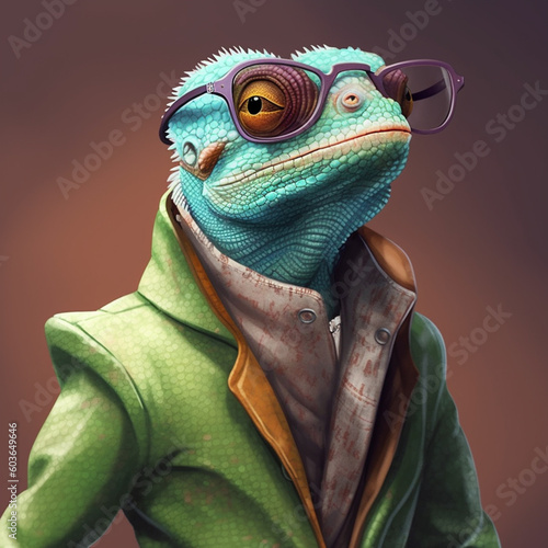 Fashionable chameleon wearing a coat and sunglasses.