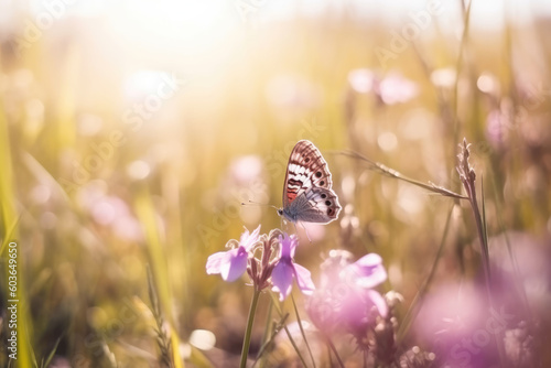 Purple butterfly on wild white violet flowers in grass in rays of sunlight, macro. Spring summer fresh artistic image of beauty morning nature. Selective soft focus 
