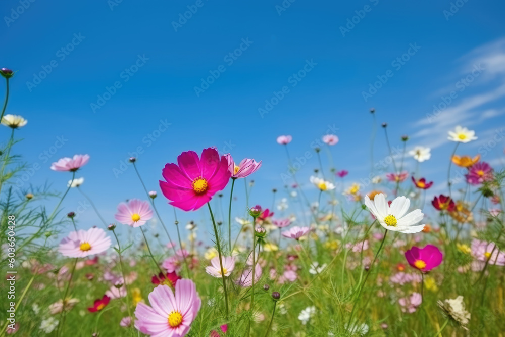 Multicolored cosmos flowers in meadow in spring summer nature against blue sky. Selective soft focus Multicolored cosmos flowers in meadow in spring summer nature against blue sky. Selective soft focus