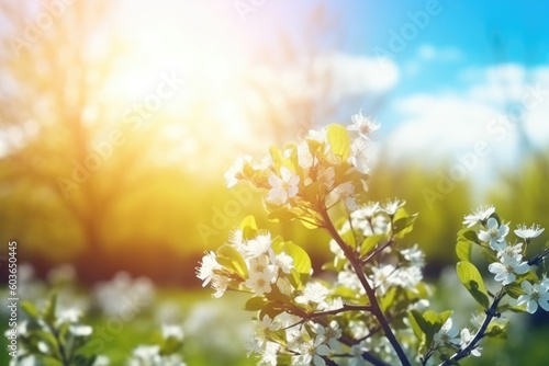 Beautiful blurred spring background nature with blooming glade, trees and blue sky on a sunny day.