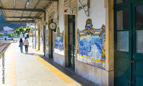 Azulejos in railway station of Pinhao in the Douro Valley in Portugal (Europe)
