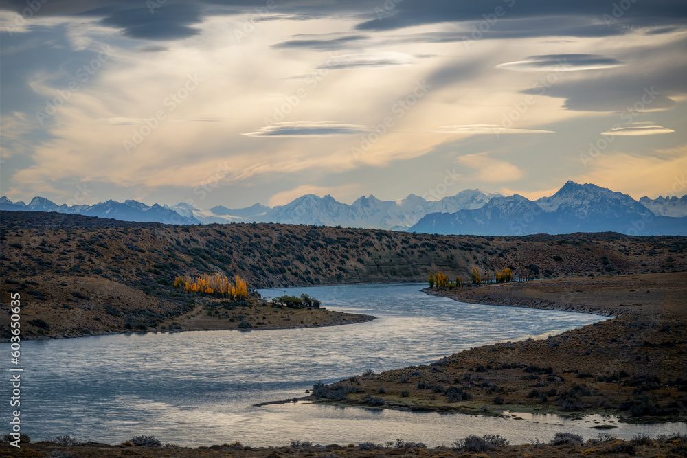 Landscape mountain and river view of Patagonia in autumn in South America.