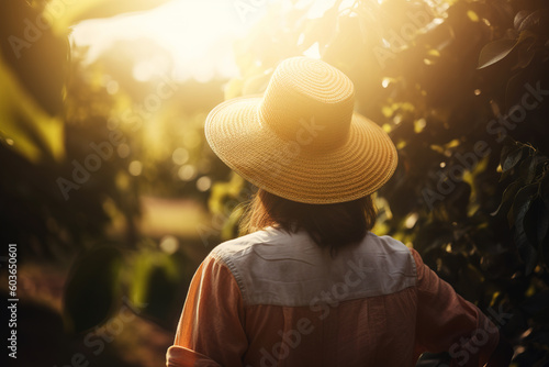 Gardening  farming  horticulture concept. View from back of an unrecognizable farmer woman in straw hat outdoors on sunny day. Generative AI