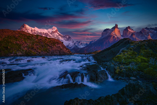 Beautiful mountain scenery with Salto Grande Waterfall at Torres del Paine National Park, Patagonia in Chile during sunrise time. © Jack