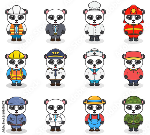 Vector set of cute Panda with different professions. Cartoon cute Panda dressed in different occupation uniform. Vector characters with jobs different occupation.