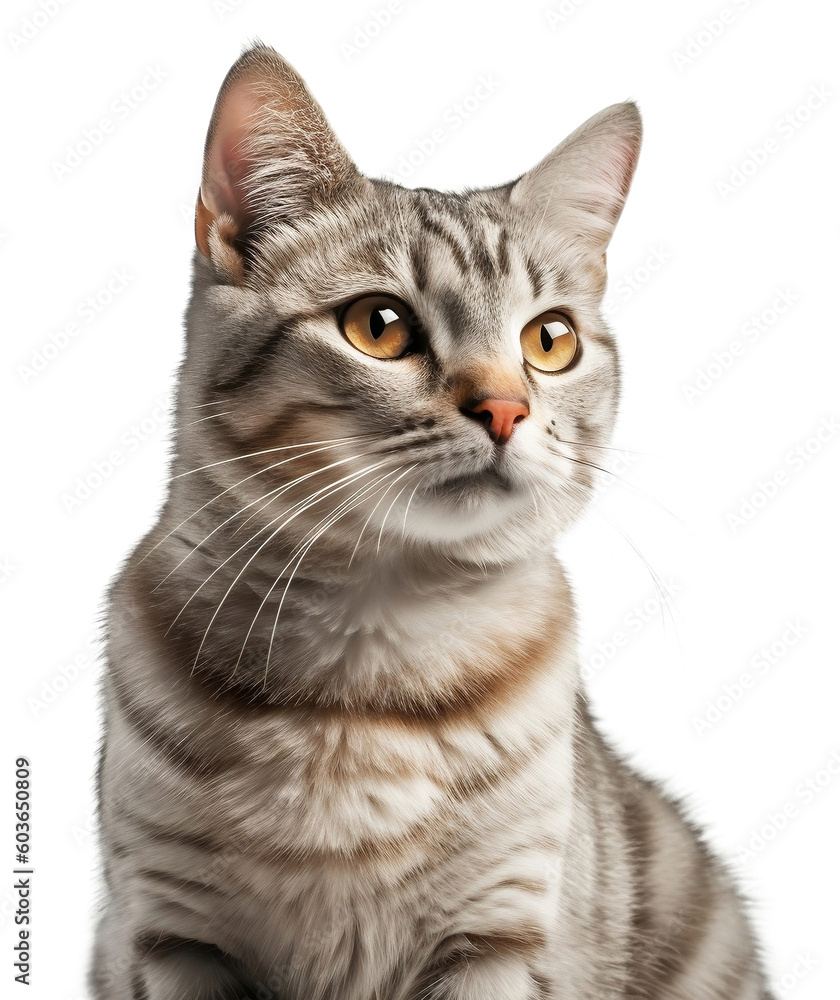 Grey stripped mixed-breed cat sitting, isolated