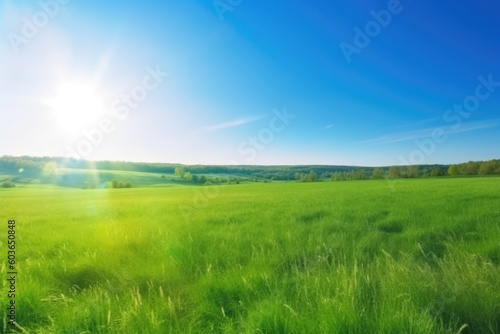 Beautiful panoramic natural landscape of a green field with grass against a blue sky with sun. Spring summer blurred background.