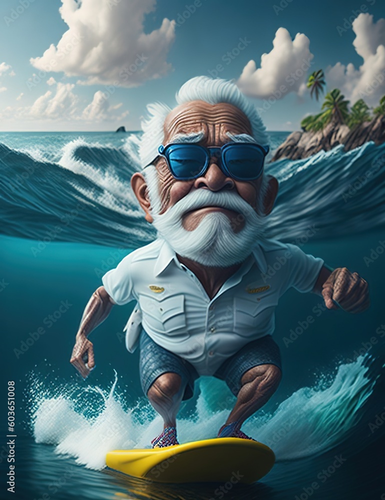 Photo Art Print Cute Kawaii hyper realistic small old man surfing in the sea wearing sunglasses tropical background Pictures Paradise