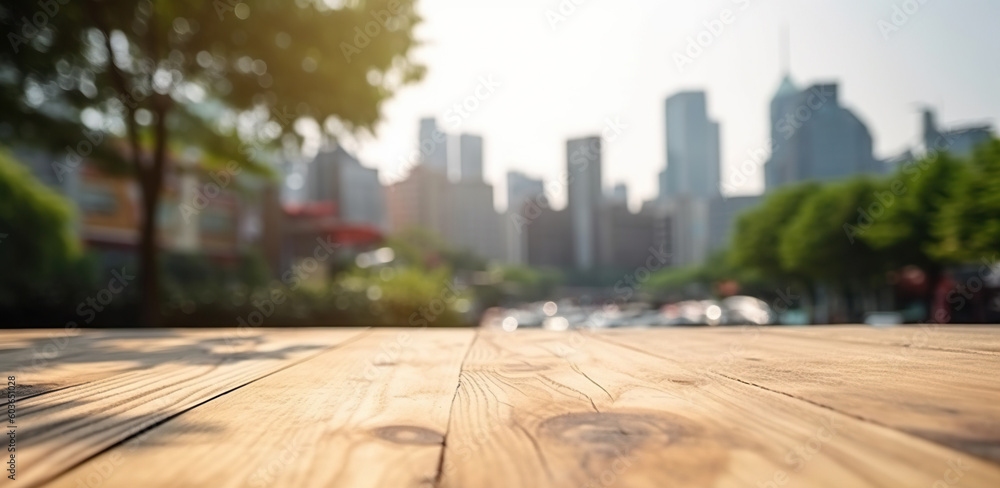 Wood table mockup with Tokyo city street in shallow depth of field. Copy space for product. Generative AI Wood table mockup with Tokyo city street in shallow depth of field. Copy space for product. Generative AI