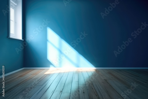 Blue empty wall and wooden floor with interesting light glare. Interior background for the presentation © Kateryna
