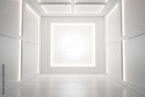 Beautiful light background mock-up for presentation with decorative white panels and decorate with hidden lighting. AI generated. 