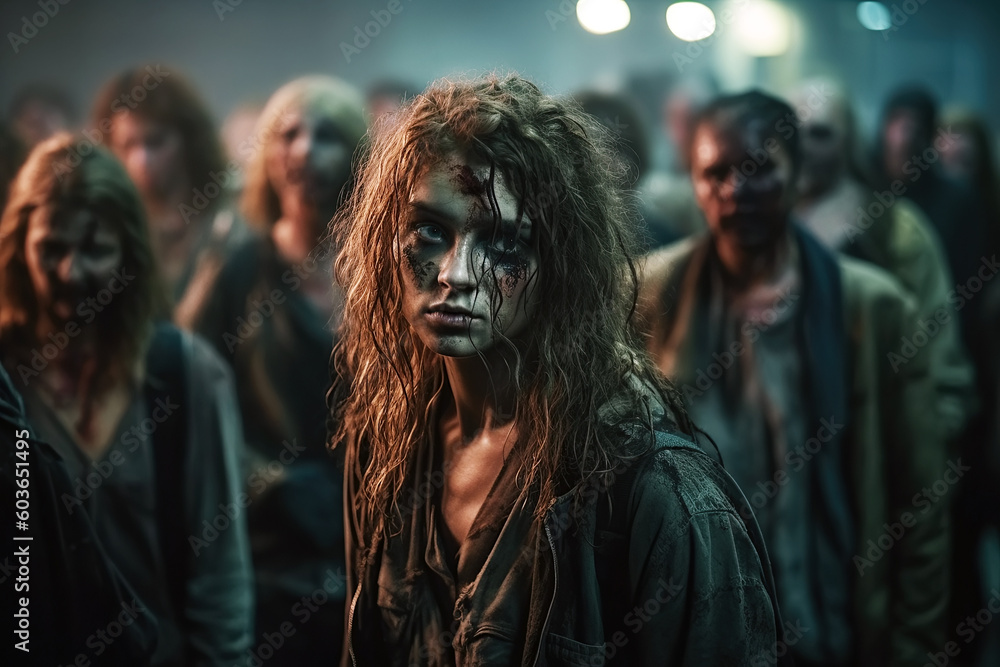 zombie woman in crowd of zombies in night city in apocalypse ...