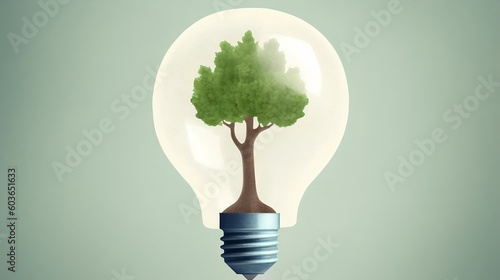 Light bulb with a green tree inside, presented in a minimalist style illustration. Eco-innovation and the merging of technology with environmental conservation for sustainable solutions. Generative AI
