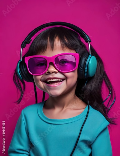 Portrait of a beautiful fashionable little girl in neon light in pink magenta and cyan blue tones. Futuristic, cyberpunk or hipster in fluorescent glasses and headphones.Ai generative