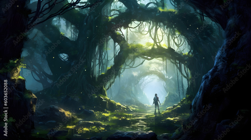 Obraz premium In the heart of an ancient forest, a lone adventurer gracefully emerges from the shadows made with Generative AI