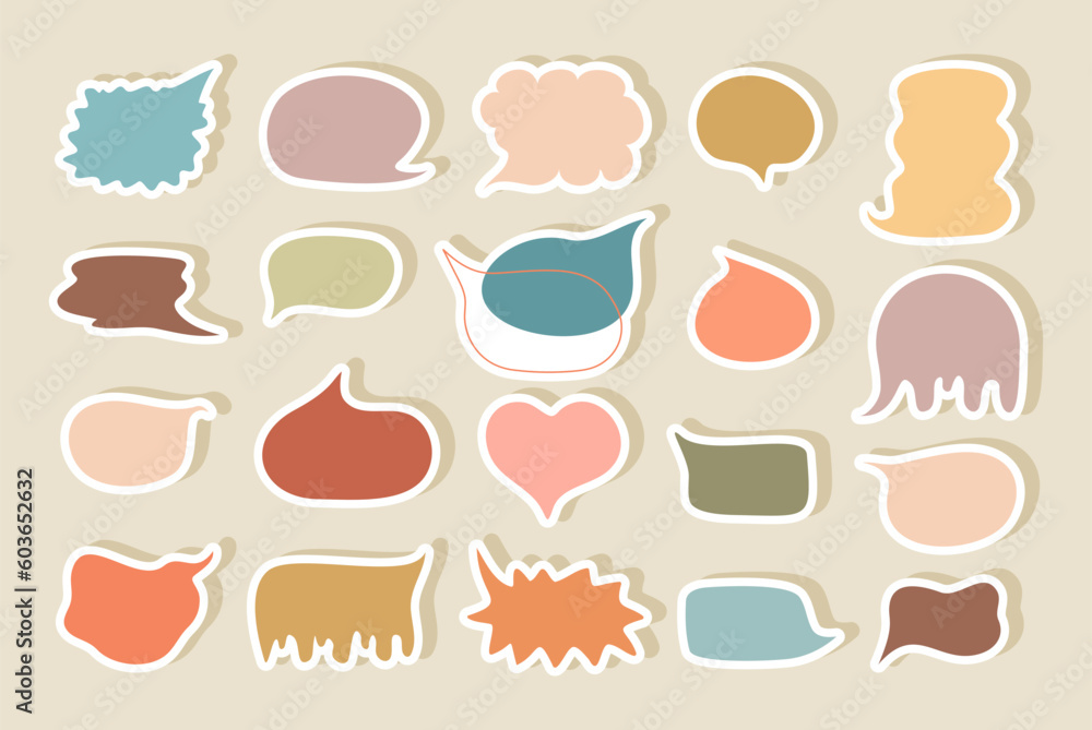 Speech bubble pastel stickers set. Colorful empty chat clouds. Hygge palette. Vector illustration for printing
