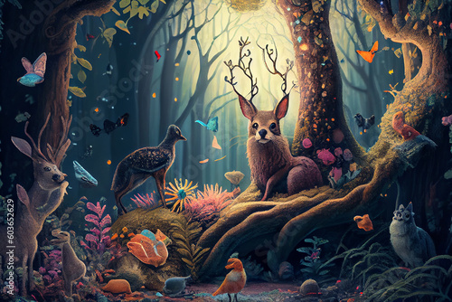 Magical fairytale forest  with lush foliage  enchanting creatures  and a sense of wonder that transports you to a whimsical realm  generative ai