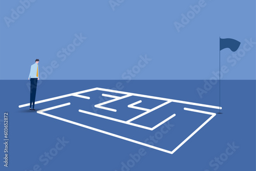 Business solution concept with businessman standing in front of maze  labyrinth. Symbol of challenge  strategy  decisions  problem solving.vector illustration.