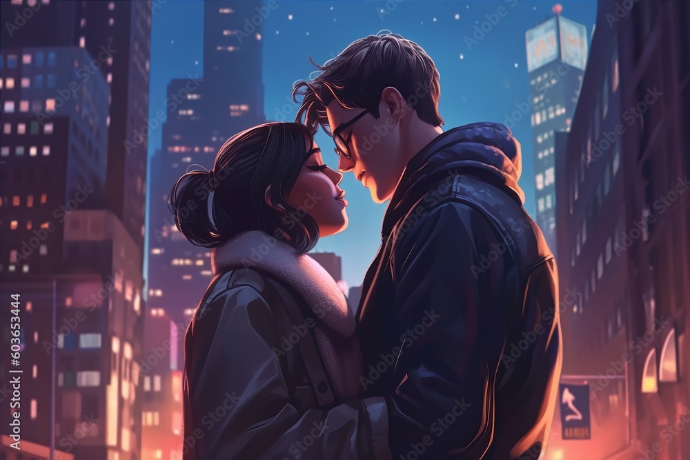 beautiful couple in the city, illustration of cartoon couple in the city, love and relationship concept, ai generative beautiful couple in the city, illustration of cartoon couple in the city, love and relationship concept, ai generative